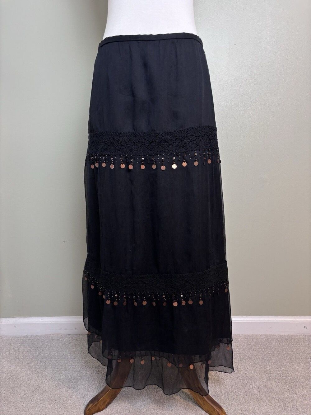 Vtg Spenser Jeremy 100% Silk Embellished Skirt Boho Gypsy Whimsical Fairy Goth